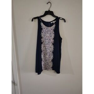 Max Studio Womens Navy Blue Floral Print Sleeveless Blouse Keyhole Back Top‎ M
